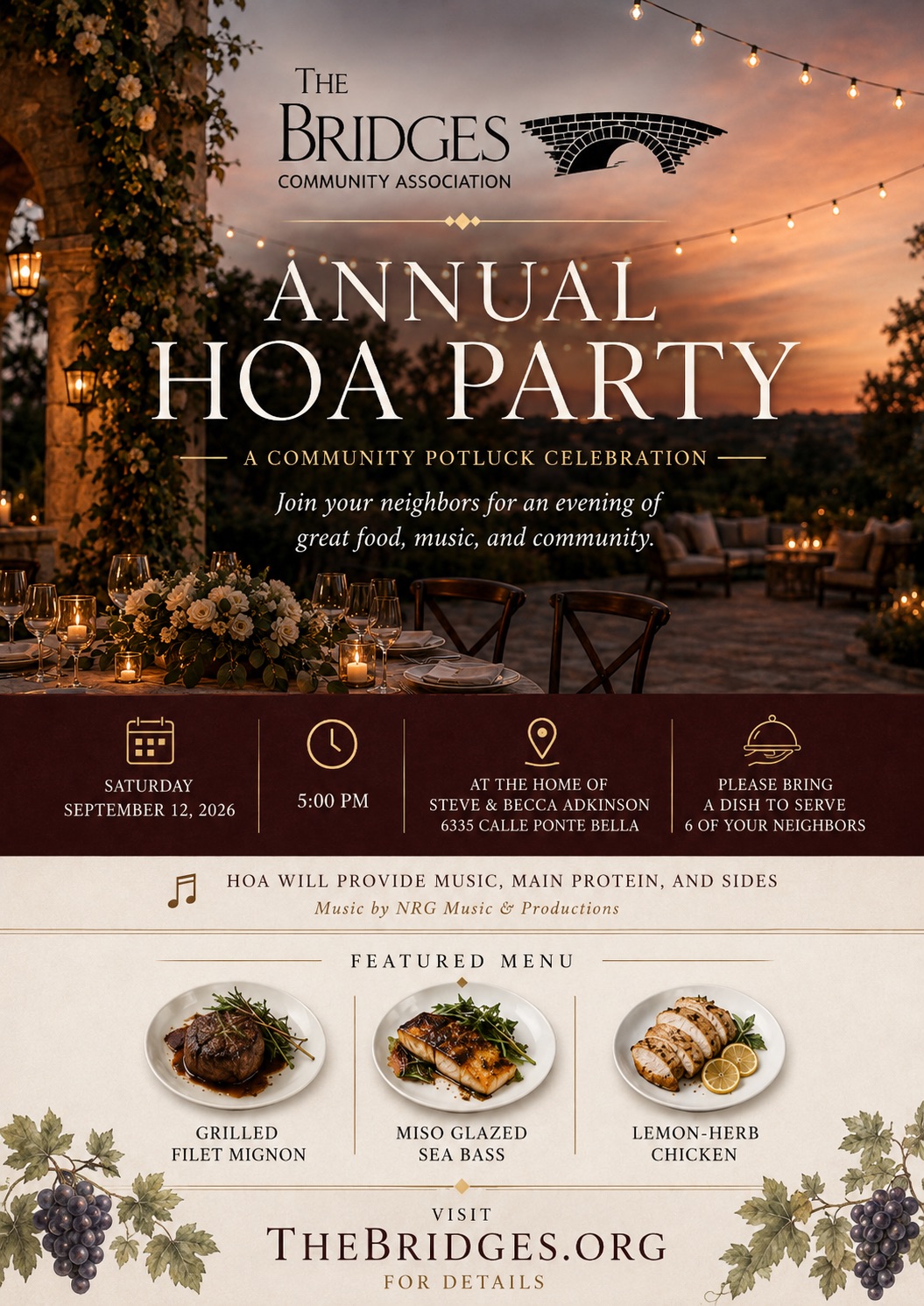 Annual HOA Party flyer — The Bridges Community Association's community potluck celebration, Saturday, September 12, 2026 at 5:00 PM at the home of Steve & Becca Adkinson, 6335 Calle Ponte Bella. Guests bring a dish to serve six; the HOA provides music, the main protein, and sides.